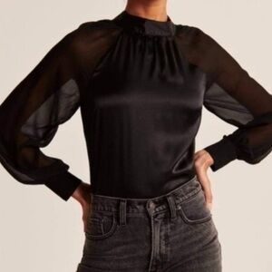 NWT Abercrombie & Fitch black satin and chiffon high neck bodysuit sz S